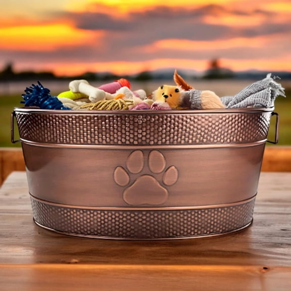 Indestructible Metal Dog Toy Bin - Copper Galvanized Storage Bin with Handles, Puppy Basket for Dog Storage, Blankets, & Leashes, Paw Pet Toy Box (25-Quart)