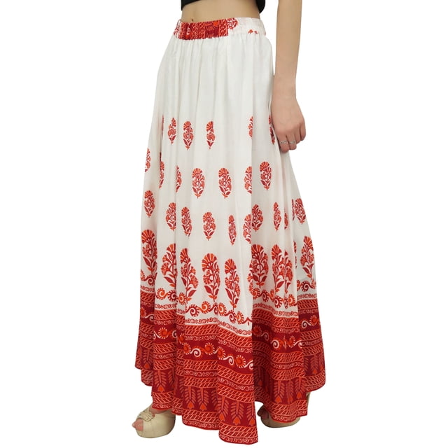 Bimba Jupe à Taille Élastique pour Femme Blanche à Blocs Imprimés Maxi Jupes d'Été-L