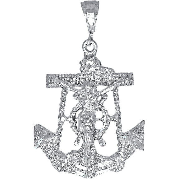 Sterling Silver Anchor Cross with Jesus Pendant Necklace 2.3 Inches 10 Grams Diamond Cut Finish with Figaro Chain