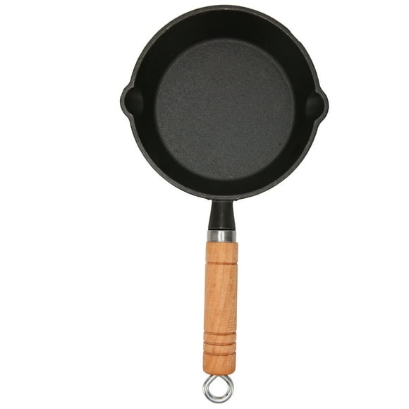Frying Pan Cast Iron Skillet Drip Spouts Wooden Handle Stain Resistant Quick Heat Easy to Clean Cook Pan 16x3cm