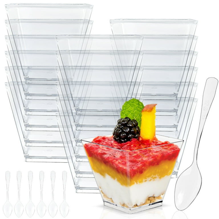 Hiasobre 100 Pack 2 oz Mini Dessert Cups with Spoons, Square Clear Plastic  Appetizer Cups, Reusable Parfait Cups, Small Dessert Bowls for Serving