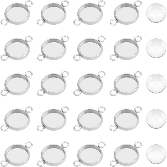 100pcs Stainless Steel Cabochon Connectors Settings Pendant Cabochons Trays 10mm Earring Bezel Trays Flat Round with Double Loop for Bracelets Necklaces Jewelry Making Art and Crafts.
