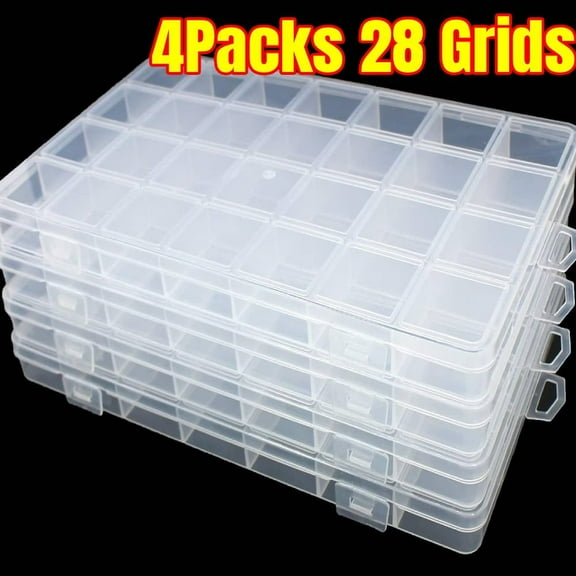 4Packs 28 Grids Bead Organizer Plastic Organizer Box with Fixed Dividers-Jewelry, Accessories, and Small Parts Container Clear Box
