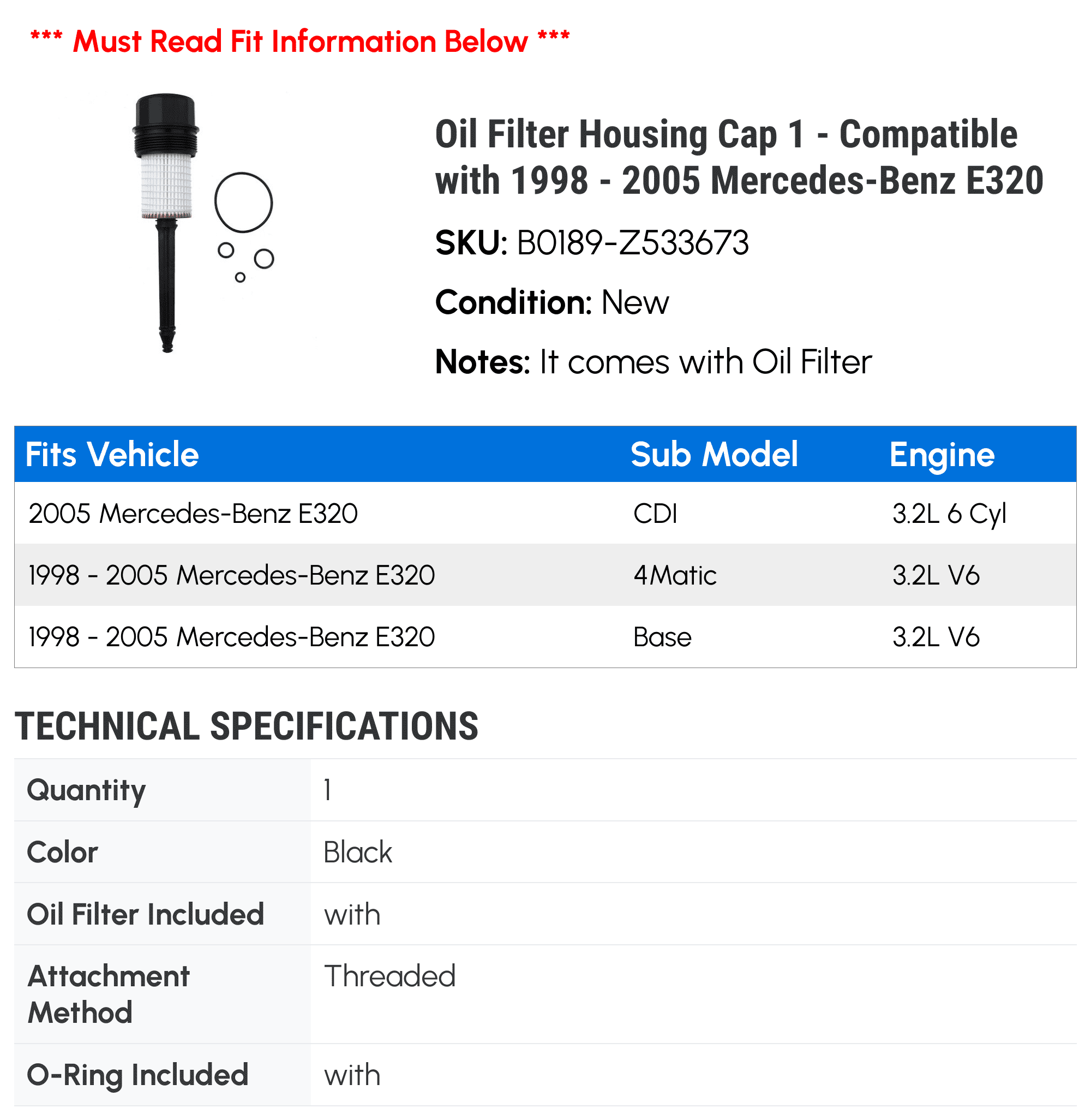 Oil Filter Housing Cap 1 - Compatible with 1998 - 2005 Mercedes-Benz E320 - Autopart Premium