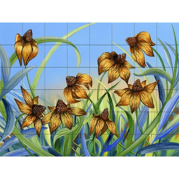 Tile Mural Kitchen Backsplash - Blackeyed Susans-DF - by Denise Freeman