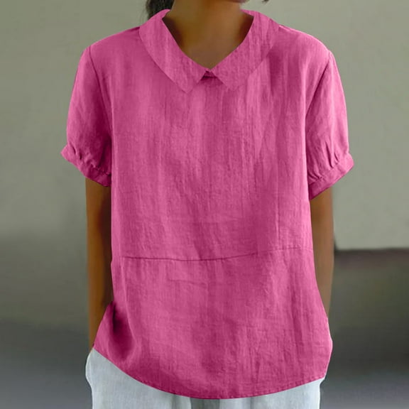 Workout Tops for Women Viikei Womens Tops Short Sleeve Cotton,Blouse for Women Dressy Casual,Women's solid summer cotton linen loose lapel doll neck cute shirt top Hot Pink S