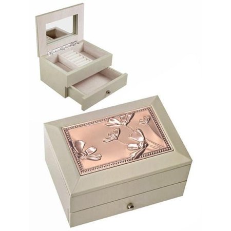 Elegance Beige Jewellery Box With Drawer Copper Finish Floral