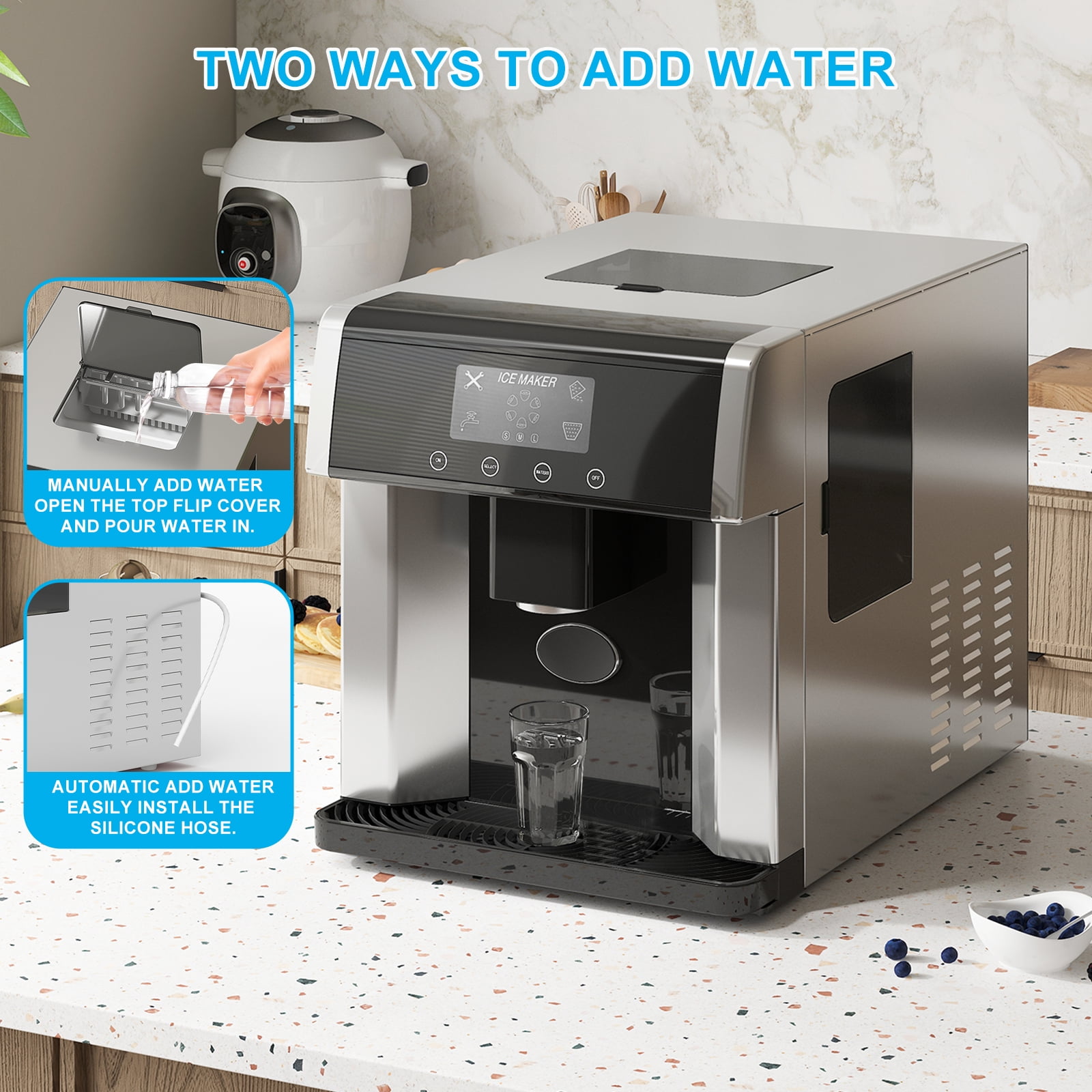 TABU 33Lbs/24H Countertop Ice Maker Machine,2 in 1 Ice Maker with Water Dispenser,Stainless Steel,Black