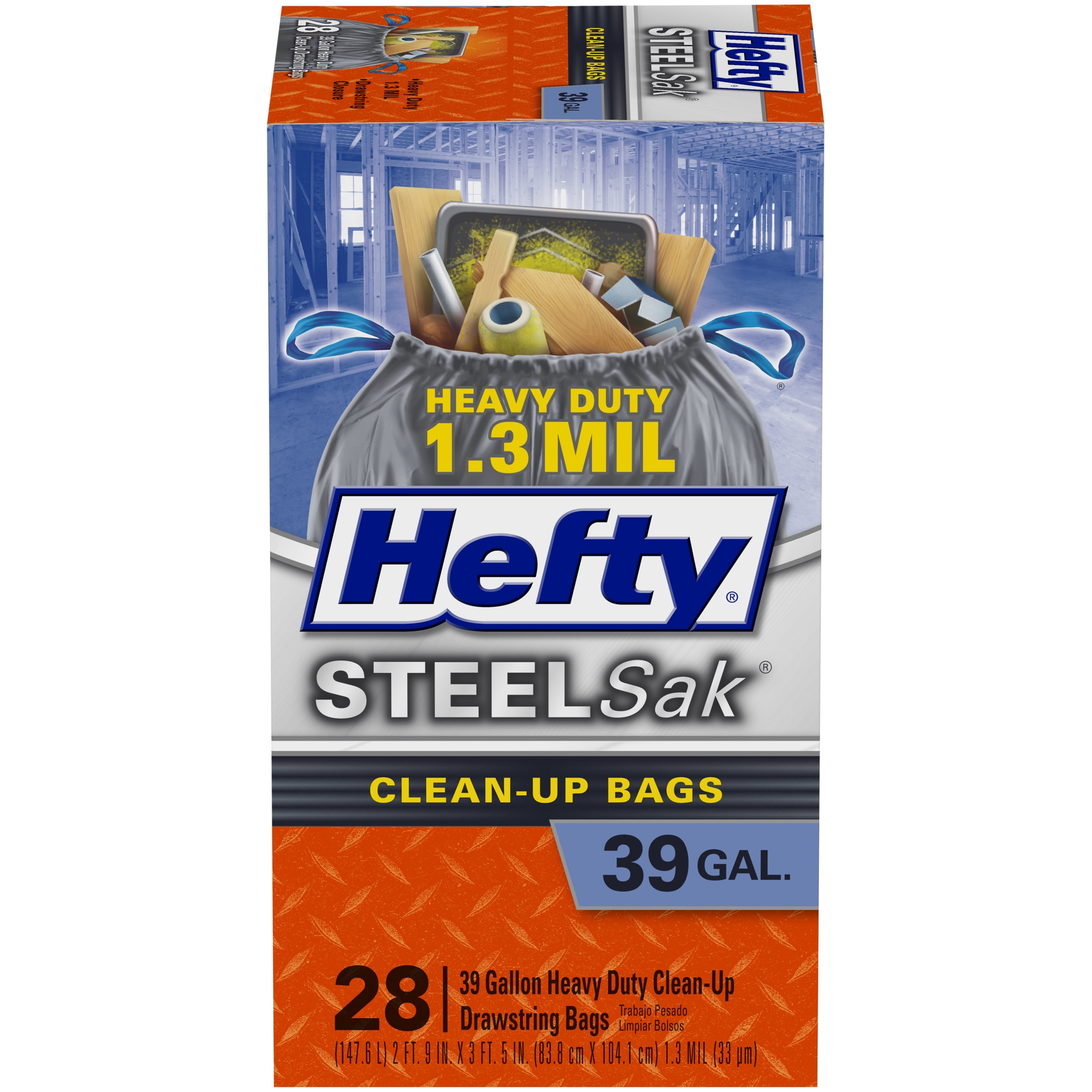 Hefty Steelsak Heavy Duty Large Trash Bags, Black, Unscented, 39 Gallon, 28 Count