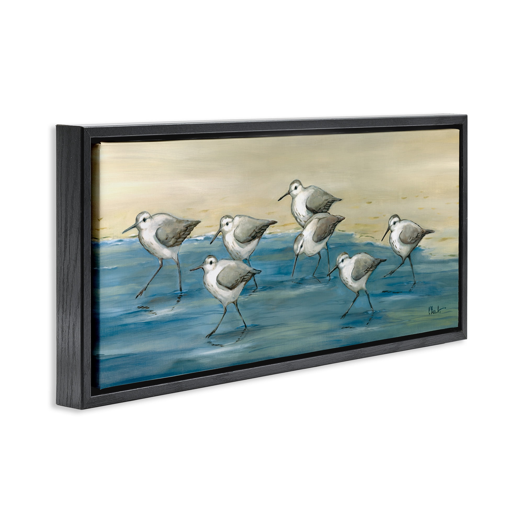 Stupell Industries Sandpiper Bird Flock Beach Shoreline Nature Painting Black Floater Framed Canvas Art Print Wall Art, 31 x 14