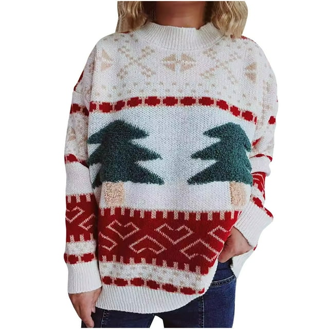 Besolor Chandails de Noël Laids pour Femmes Col Rond Manches Longues Tricoté Chandail de Noël Tricoté Hauts Vêtements Automne Hiver