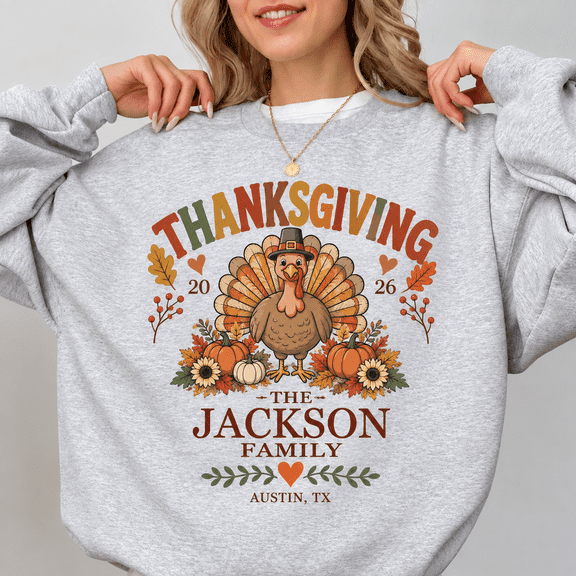 Personalized Thanksgiving 2026 Sweatshirt, Custom Family Name Turkey Fall Graphic