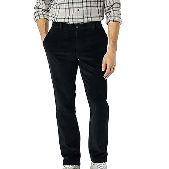 Ediodpoh Men's Corduroy Pants Solid Color Pleated Front Regular Fit Elastic Waist Classic Casual Stylish for Fall Winter Black XXL