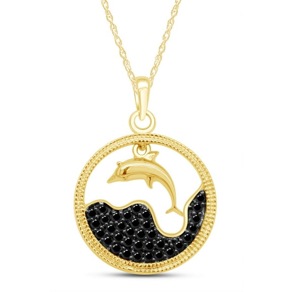 1/4ct Black Diamond Dolphin Pendant 18" Necklace in 10K Solid Yellow Gold Finish