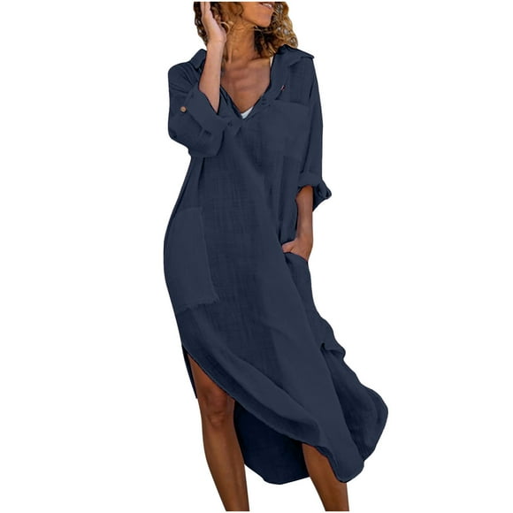 Cotton Linen Dress for Women Lapel Split Long Sleeve Dress Solid Casual Loose Flowy Fall Maxi Dress with Pockets