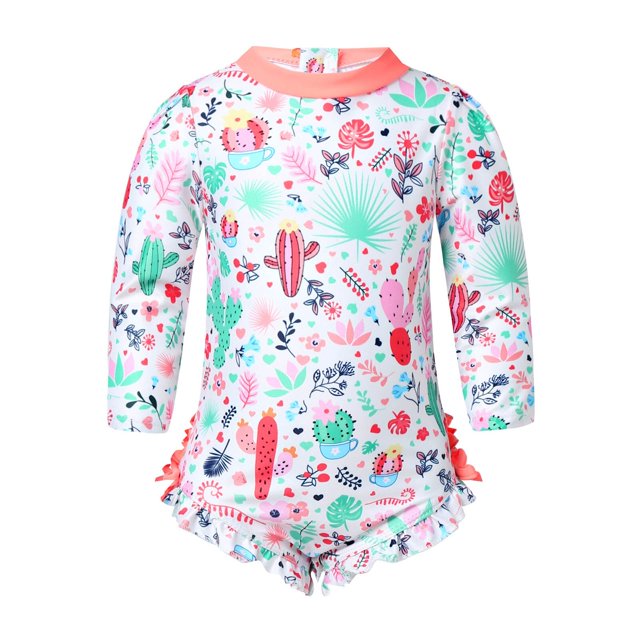 Infant Baby Girls One-piece Long Sleeves Floral Printed Back Zipper with Ruffled Swimsuit Swimwear Bathing Suit Rash Guard18-24M Gong Bohan LED