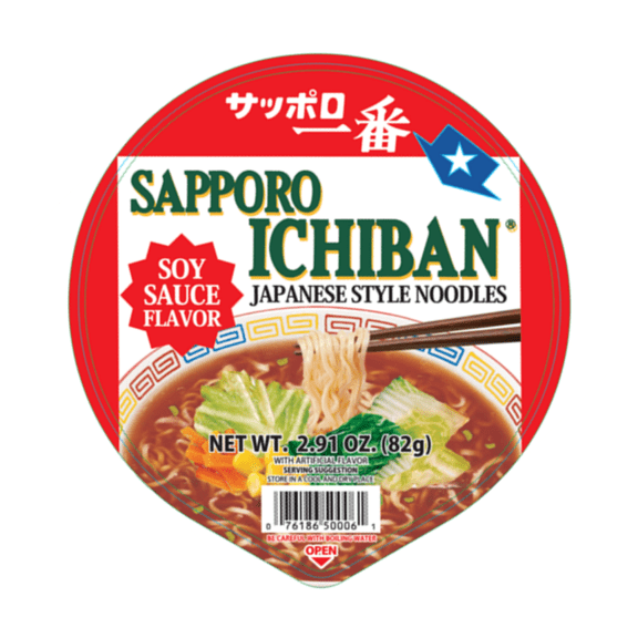 Sapporo Ichiban Shoyu Ramen Bowl 2.91oz, Instant Dried Noodles, Shelf Stable, Vegetable Toppings, and Soy Sauce Broth