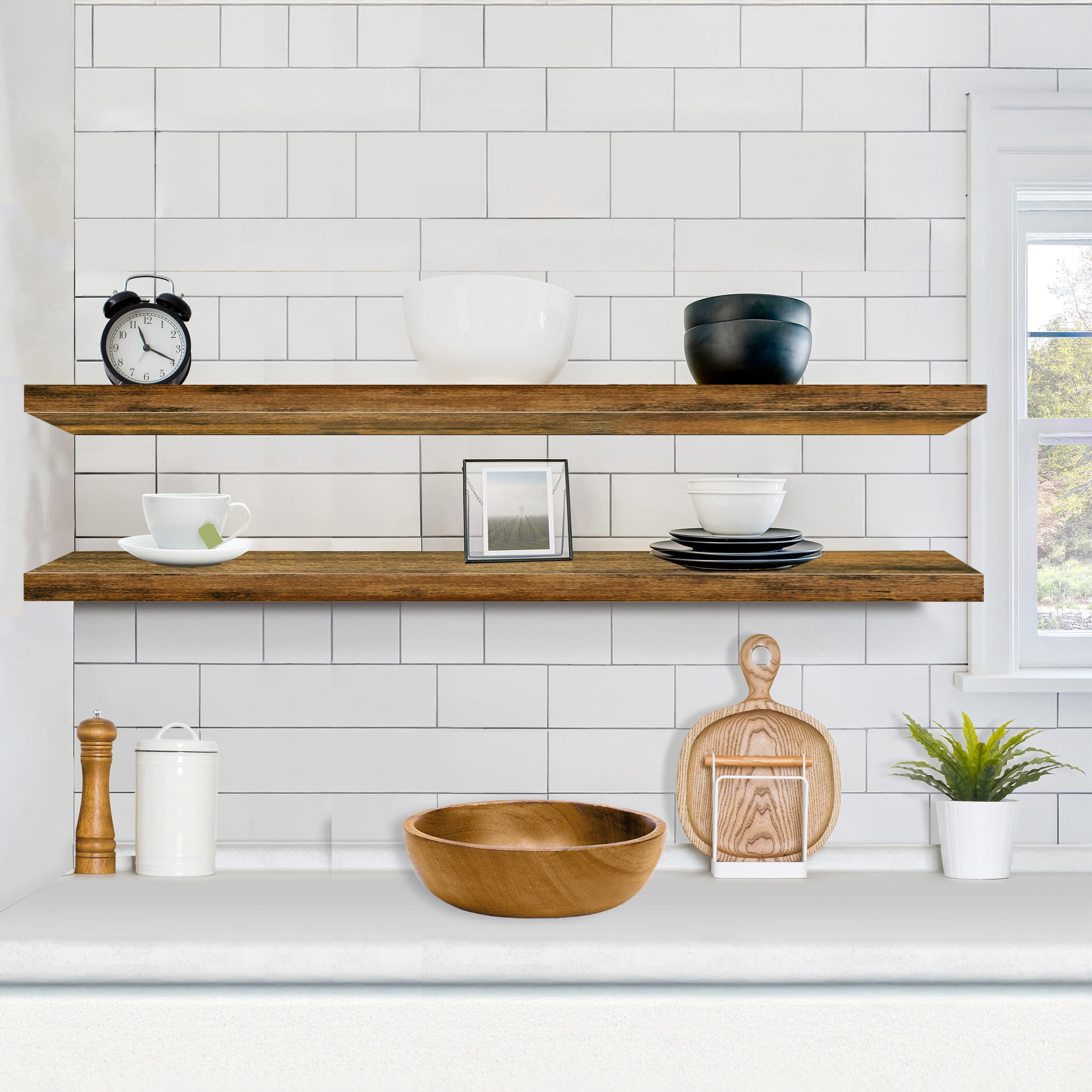 Sorbus 55in Extra-Long Floating Shelves, Wall-Mounted Storage with Hidden Brackets, Brown 2-Pack