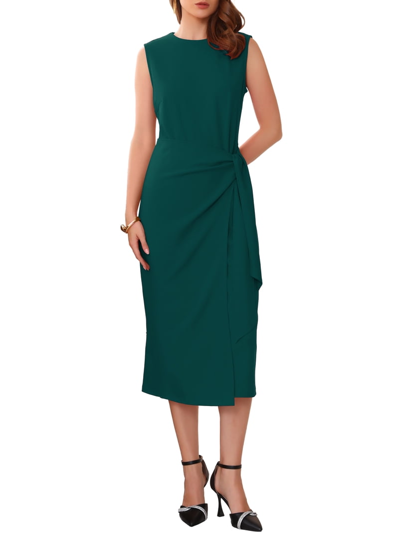 Inspire Chic Women's Business Cocktail Dress Front Tie Wrap Formal Elegant Sleeveless Sheath Dresses L Dark Green