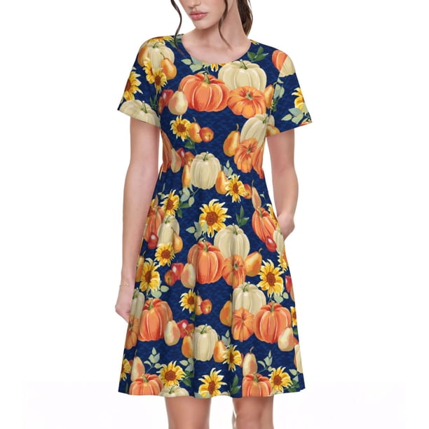 Balery fall Pumpkin Daisy Vestidos sueltos de manga corta para mujer, vestidos de verano 2025, vestidos casuales de corte A con vuelo.