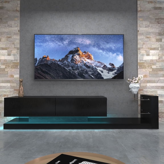 S-HOME Modern TV Console with LED Lights Fits 50 60 70 Inch TVs, Particle Board and Tempered Glass Stand, Entertainment Center with Storage Space, Black