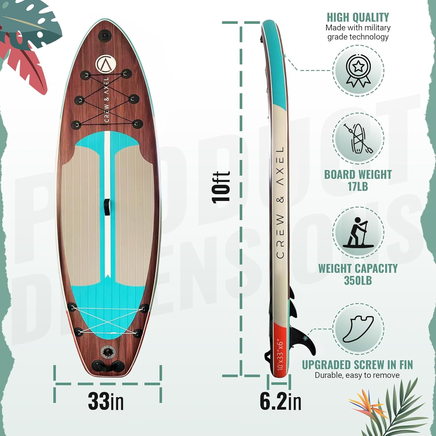 Crew & Axel Inflatable Paddle Board SUP 10FT (6.2” Thick) Non Slip Stand up Paddleboard Set W/Backpack (Dark Wood)