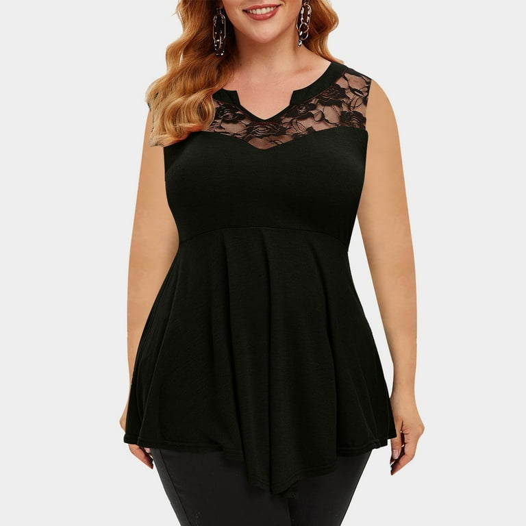 asdoklhq Womens Plus Size Tops Clearance Plus Size Women Solid Floral Lace V Neck Asymmetric Three Quarter Tops Blouse