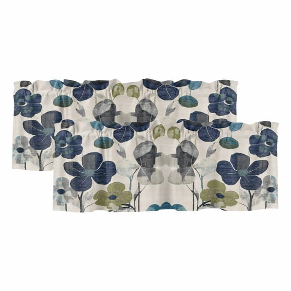 Navy Blue Green Floral Valances for Windows, Vintage Botanical Leaves Light Filtering Kitchen Curtains, Rod Pocket Window Valance Curtains for Living Room Bedroom, 42" W x 18" L, 2 Panels
