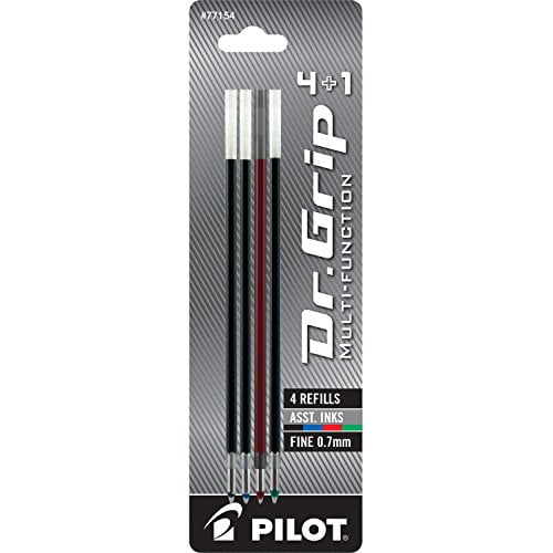 Pilot Dr. Grip 4+1 Multi-Function Ballpoint Ink Refills, Fine Point, Pack of 4, One Each Black/Red/Blue/Green (77154)