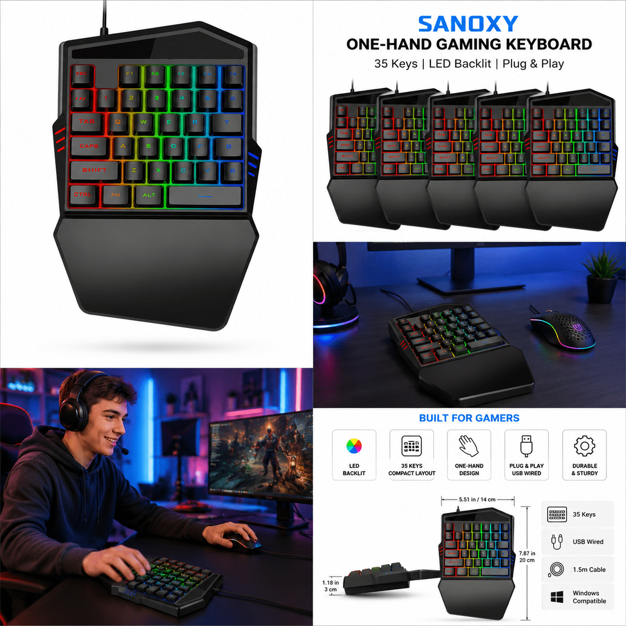 SANOXY One-Hand Gaming Keyboard With Backlight 35 Keys Keyboard For Pc Computer Android Windows