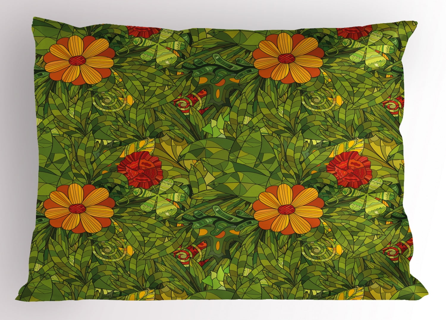 Floral Pillow Sham Funky Flower Foliage Bush with Fractal Retro Jungle