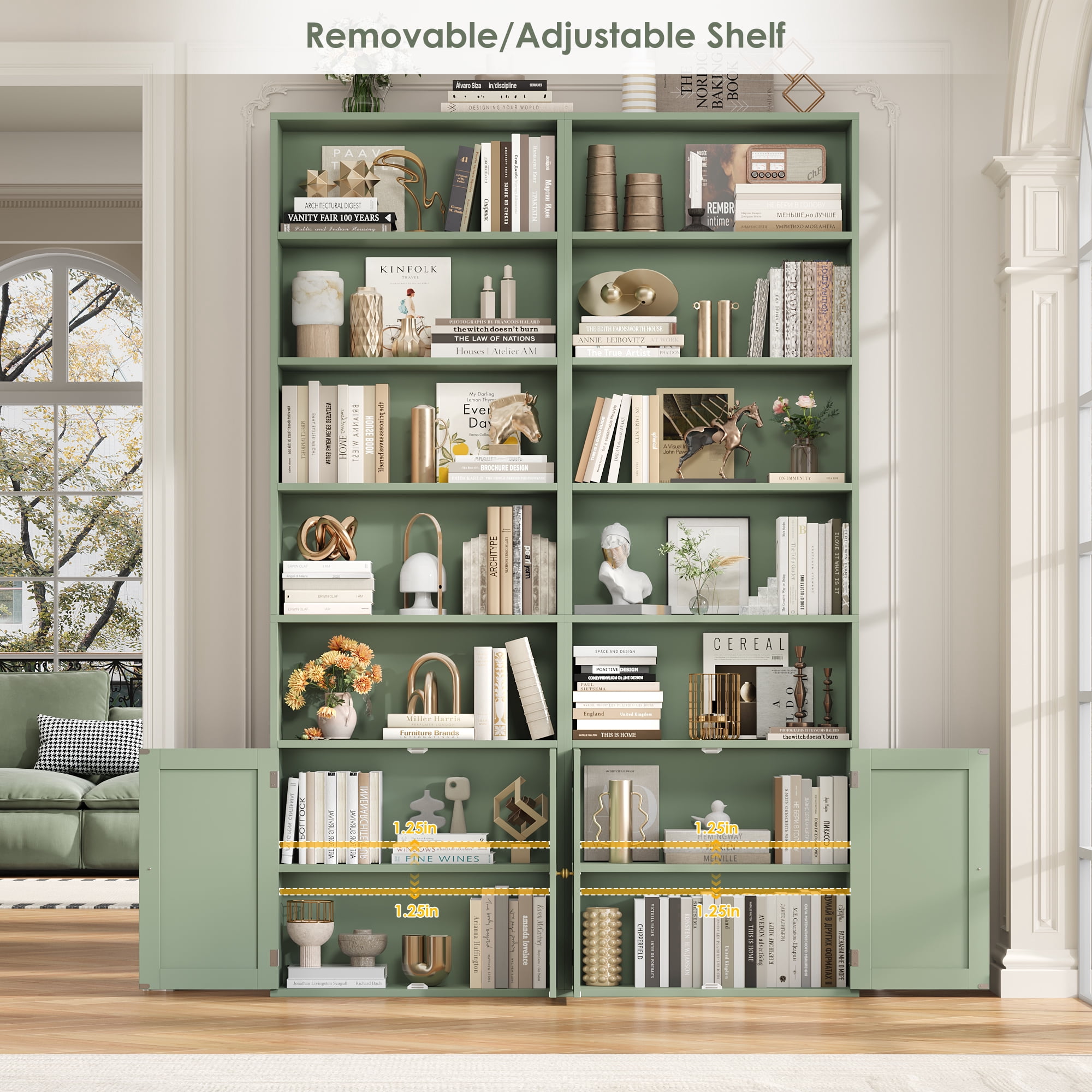 Hiphuta 81.5" Tall Bookcase with Doors, 5-Tier Bookshelves with Storage, 23.6"W Display Shelf with 2 Doors for Home Office, Living Room, Green
