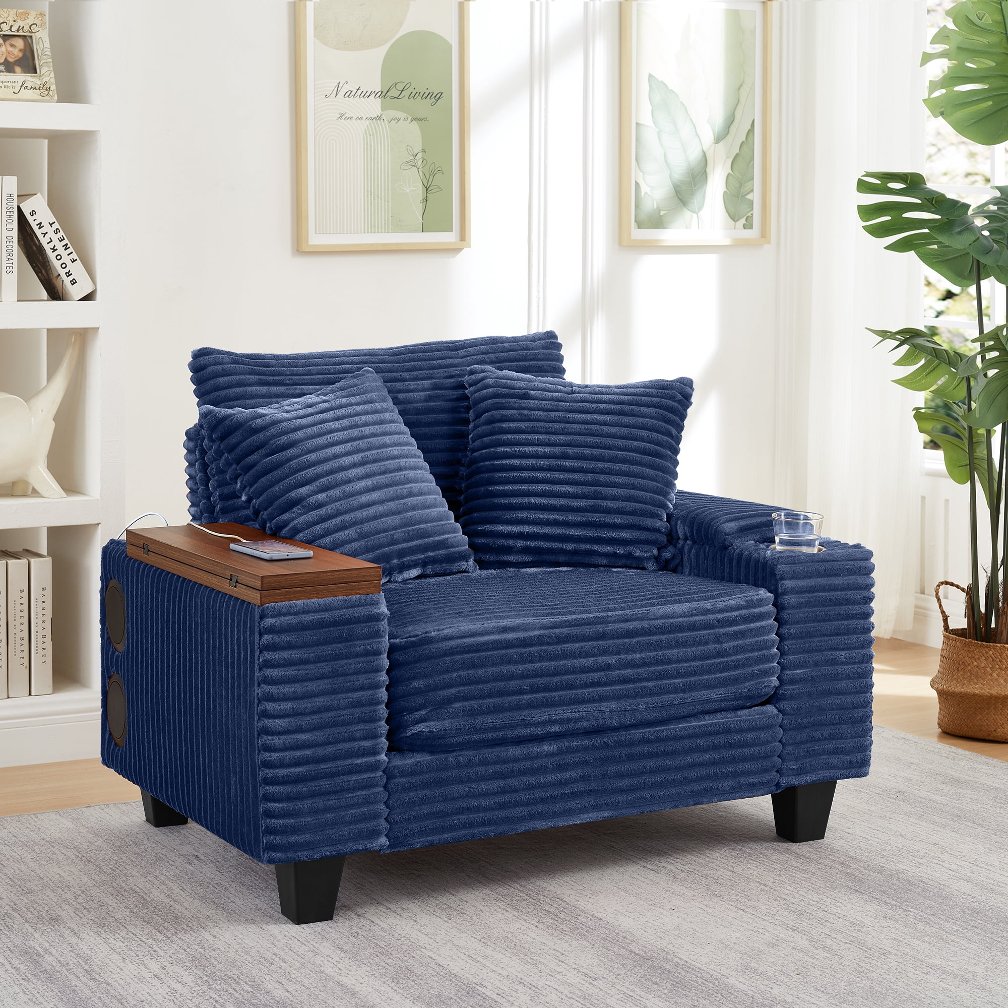 Chaise Lounge Chair Indoor,Corduroy Single Upholstered Sofa Bed with Ottoman,Cup Holder & USB Ports,180°Rotating Table Board for Living Room,Bedroom,Apartment,Blue