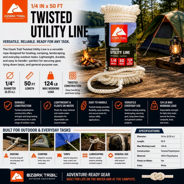 Ozark Trail 1/4 in, x 50 ft, Twisted Marine Utility Rope, White