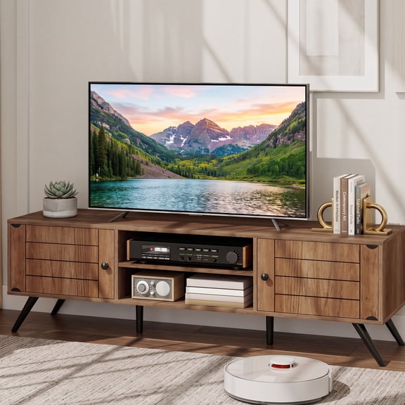 Mid-Century Modern TV Stand for TVs up to 65 Inch, Wood Entertainment Center with 2 Door & Open Shelves,Oak