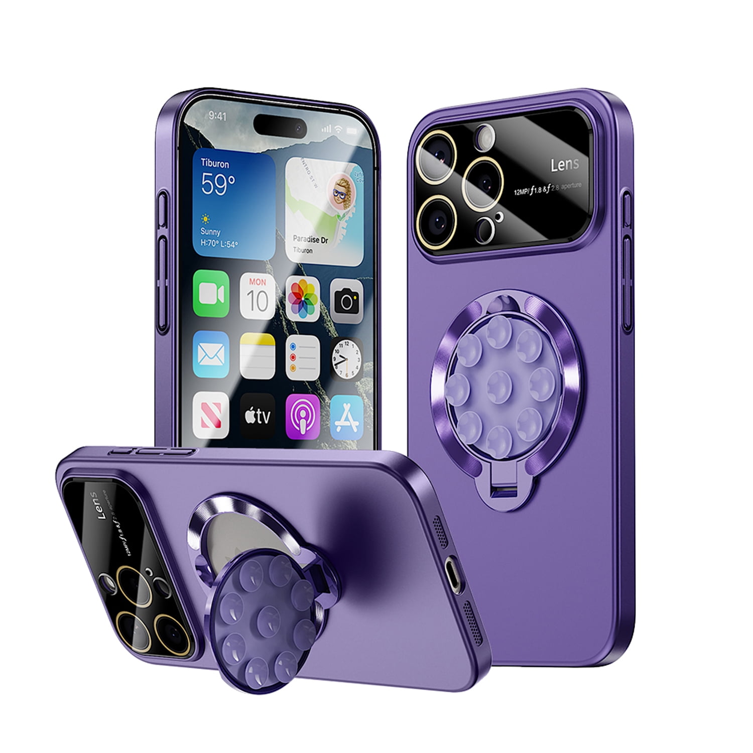 Designed for iPhone 16 Pro Max Case with Camera Lens Protector, Magnetic Invisible Stand [Compatible with Mag-Safe] Military Drop Protection Shockproof Anti-Slip Suction Cup Phone Cover, Darkpurple