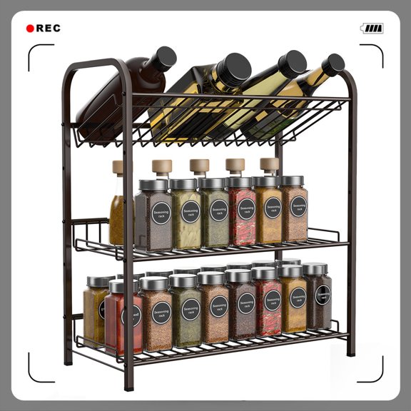 Auledio 3 Tier Metal Spice Rack Adjustable Step Shelf Seasoning Organizerfor Kitchen Counter-top, Bronze