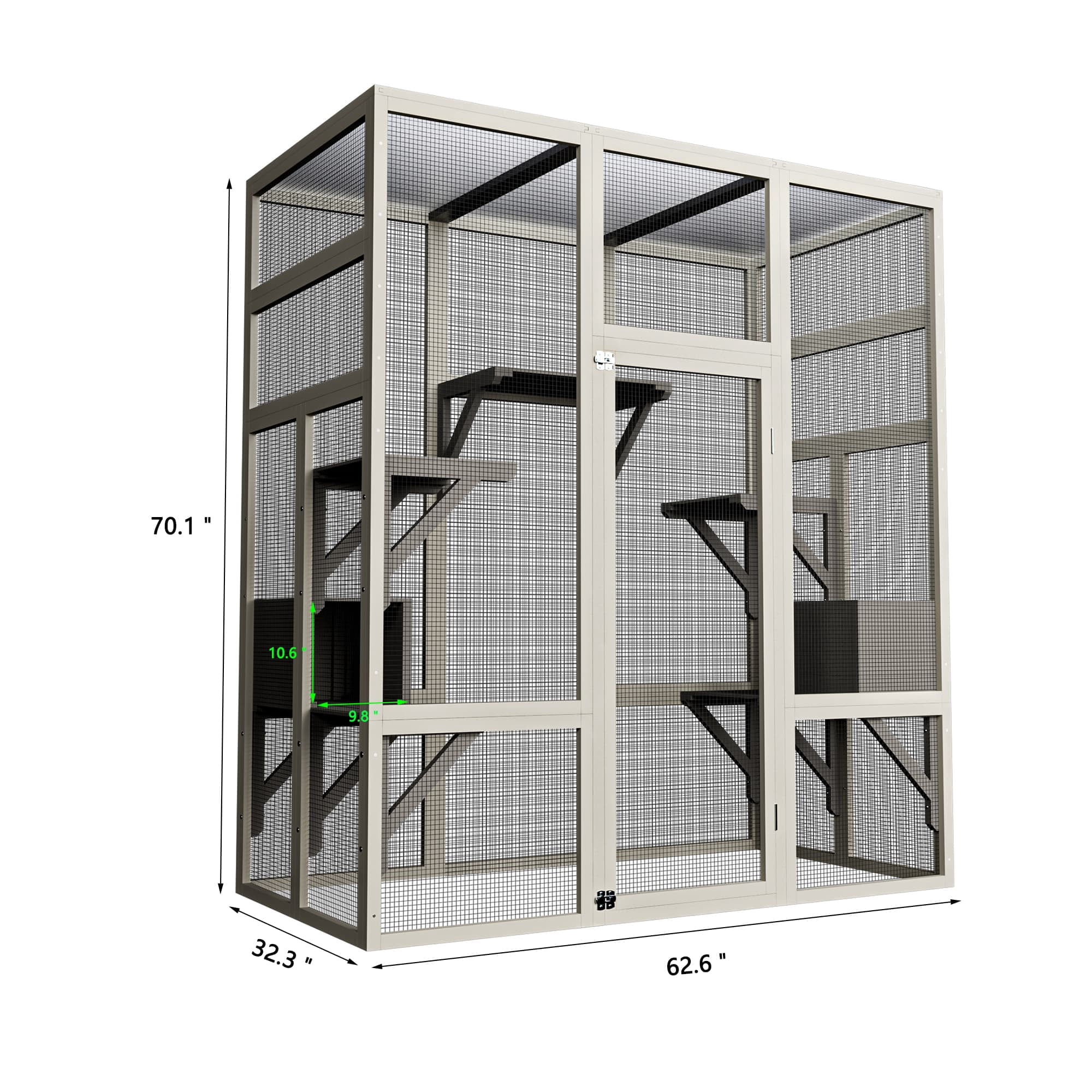 62.6" Outdoor Wooden Cat House Large Catio, Solid Wood Cat Cage Shelter Enclosure with Anti-UV & Waterproof Roof, 5 Platforms & 2 Resting Boxes, Gray