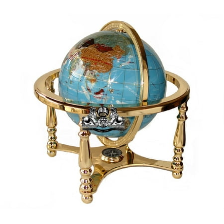 Gemstone Turquoise Globe - Unique Art 13-Inches Tall Table Top Turquoise Ocean Gemstone World Globe with Gold 4 Legs Stand