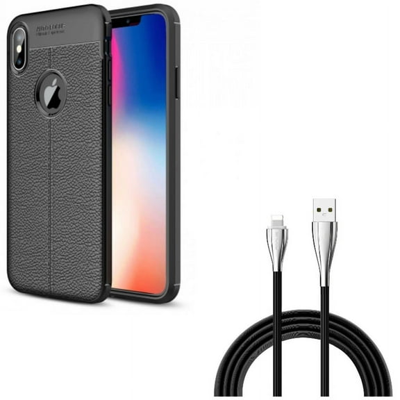 Charger Cord 10ft USB Cable w PU Leather Case for iPhone XS Max - Power Wire Long Sync Fast Charge and Slim Fit Cover Reinforced Bumper Shock Absorbent Black