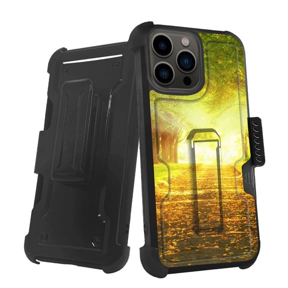 ANJ  Rugged Shockproof Holster Case w/Card Slot, Kickstand   Tempered Glass for iPhone 13 Pro (6.1") - Sunrise Walk