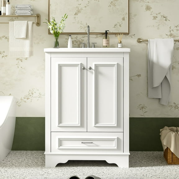 24'' Bathroom Vanity with Ceramic Sink Combo, Modern Freestanding Storage Cabinet  with Silver Handles,  Soft Closing Doors