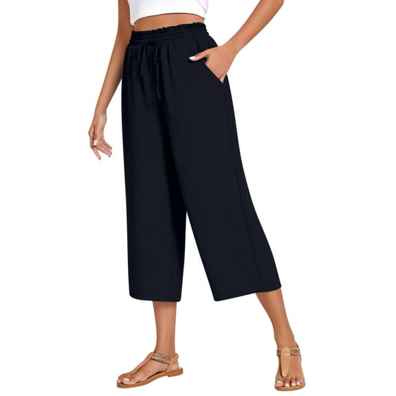 FNFYFH Womens Capris Pants Drawstring Lightweight Lounge Yoga Pajama Summer Cropped Pants Casual Wide Leg Elastic Waist Workout Sweatpants with Pockets