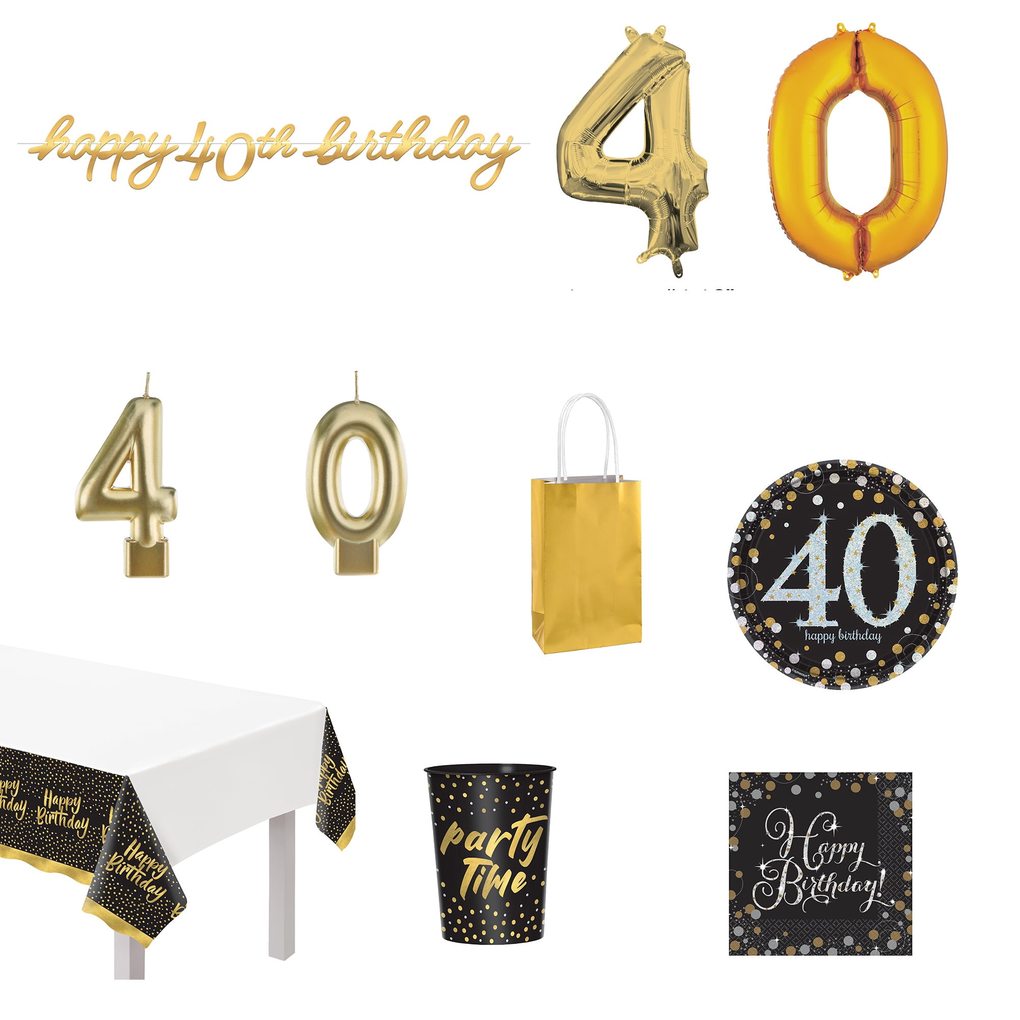 Amscan 40th Birthday Party Kit Table Cover Plates Cups Banner Balloons Candles & Gift Bags
