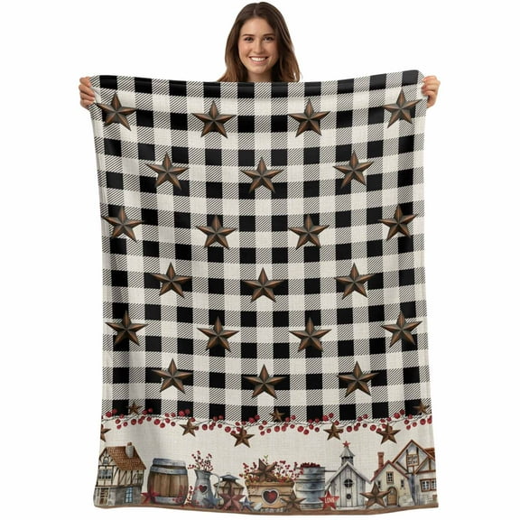 Flannel Fleece Throw Blanket Western Star Buffalo Check Lightweight Soft Plush Blankets,Vintage Country Cottage Cozy Warm Throw Blanket for Couch Sofa Bed Car Office 40x50in