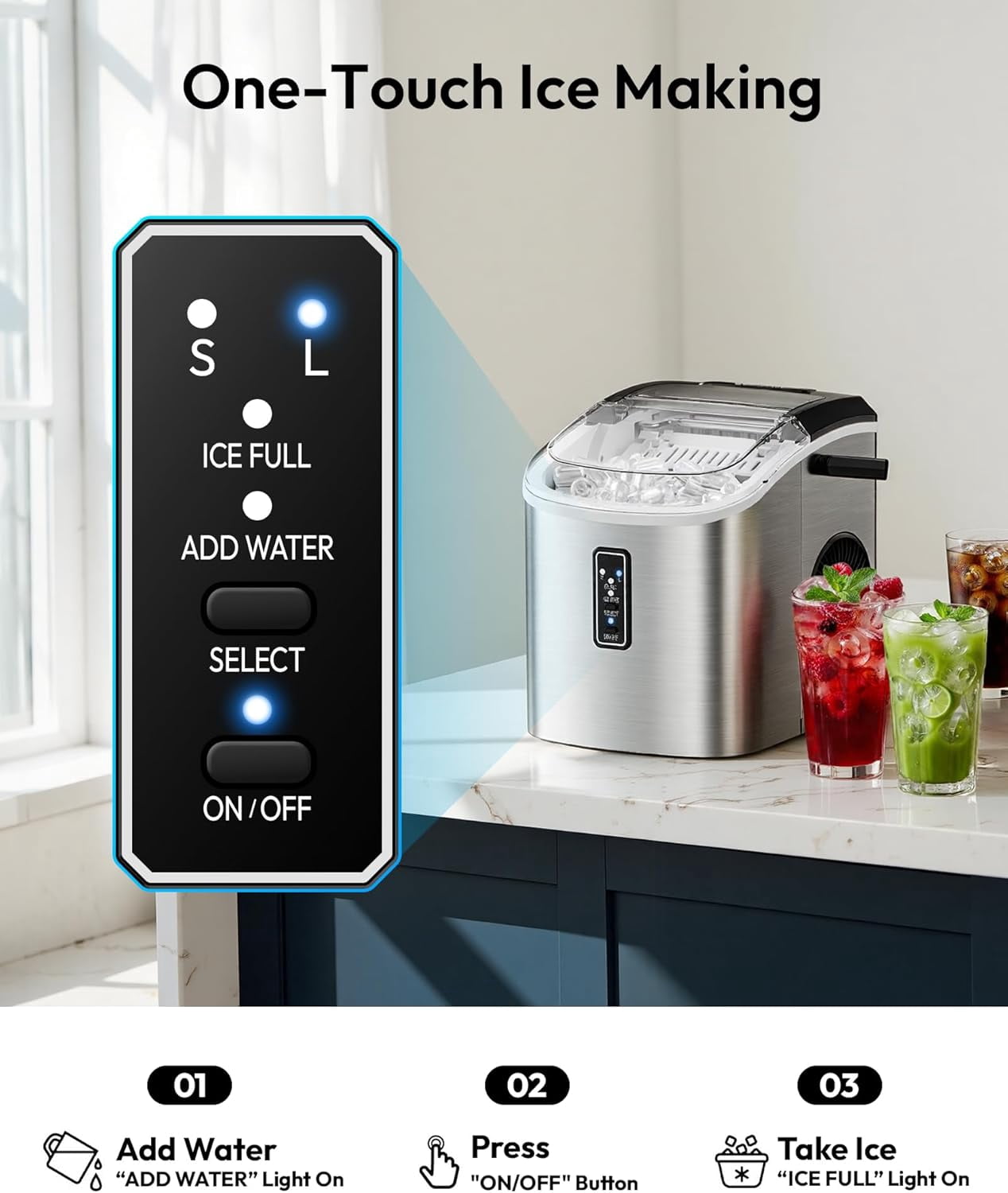 Portable Ice Maker Countertop with Self-Cleaning, 9 Cubes in 6 Mins, 26lbs/24H Capacity, Includes Basket and Scoop for Home and Office