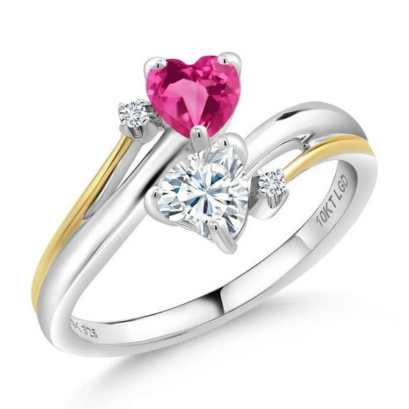 Gem Stone King 925 Silver and 10K Yellow Gold Ring Heart Shape Pink Created Sapphire and Moissanite (1.04 Cttw, Size 6)