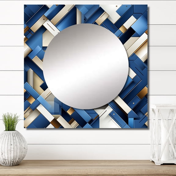 Designart "Geometric Grid In Urban Cobalt" 0 Square Mirror For Wall Decor - Large Blue Square Mirror Printed Wall Decor - Modern Square Living Room Mirror