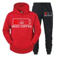 thumbnail image 3 of Conjunto de 2 piezas de sudadera y pantalón divertidos para hombre con estampado "Need Coffee" de manga larga con capucha y patrón de batería baja, ropa deportiva, 3 of 5