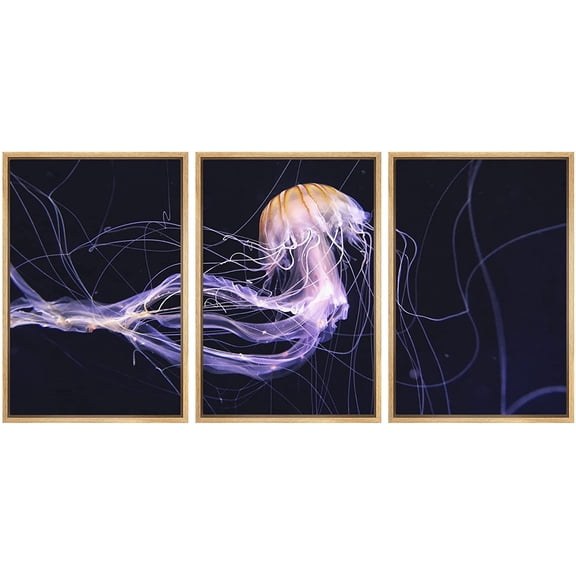 wall26 Framed Canvas Print Wall Art Set Neon Purple Dark Deep Sea Ocean Jellyfish Nature Animals Photography Realism Rustic Landscape Colorful for Living Room, Bedroom, Office - 24"x36"x3 N